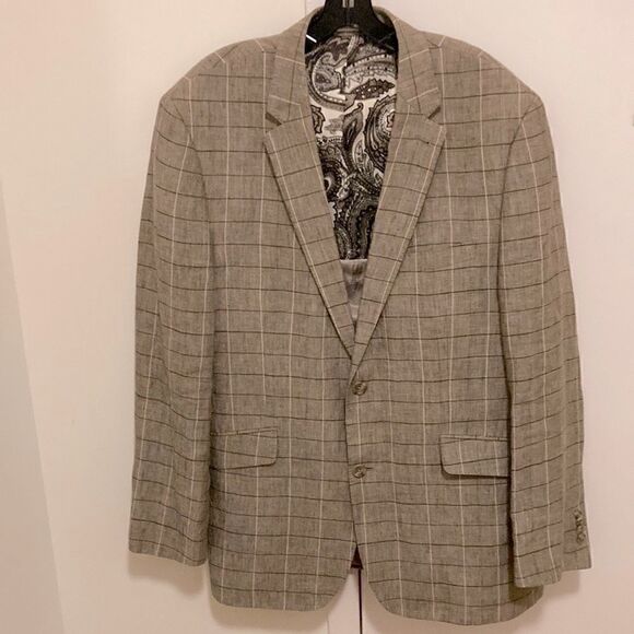 Joseph Abboud Mens Lined Linen Blazer.  Brown /Tan Windowpane Print. Size 44 L. - Picture 1 of 9